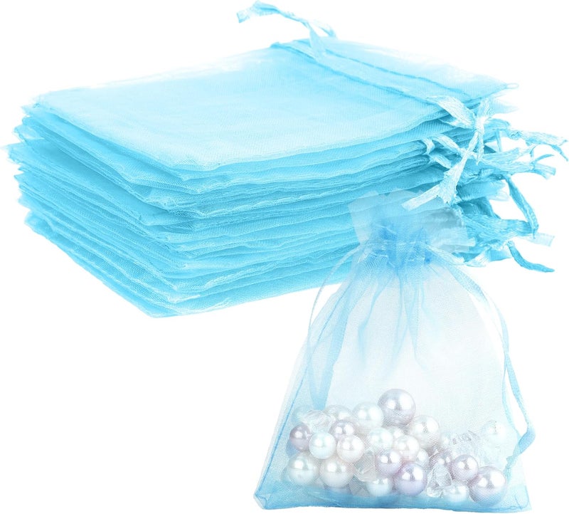 BOEIAC Sheer Organza Bags - 50 Pcs, Small with Drawstring, Jewelry Gift Bags for Parties & Weddings, Mini Candy Bags, Lake Blue - Image 1
